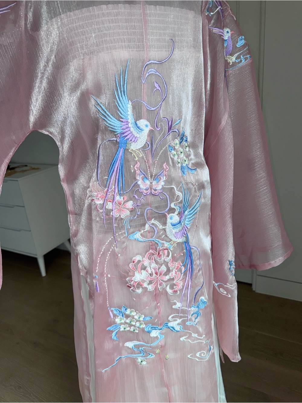 Sheer Pink Embroidered Kimono with Blue Bird Motif - Picture 4 of 8